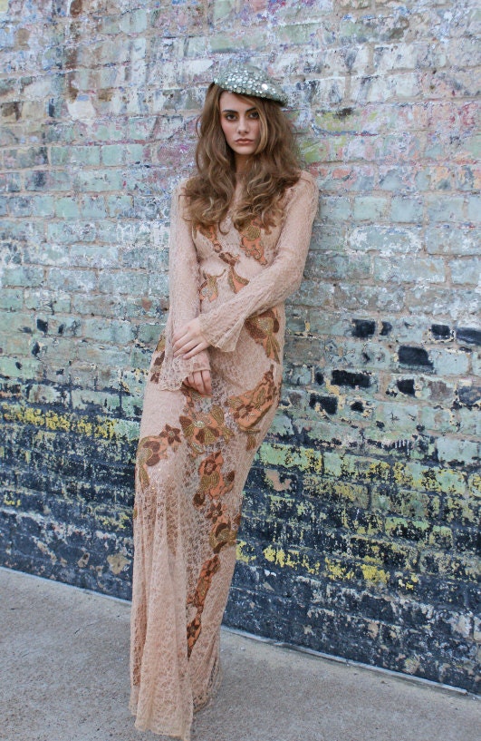 Lady of the Lace Dress Boudoir Queen Upcycled Gown Nouveau Metallic Appliques