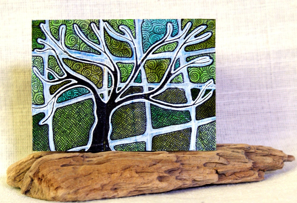 Mixed Media Winter Tree ACEO Original in Green Tones