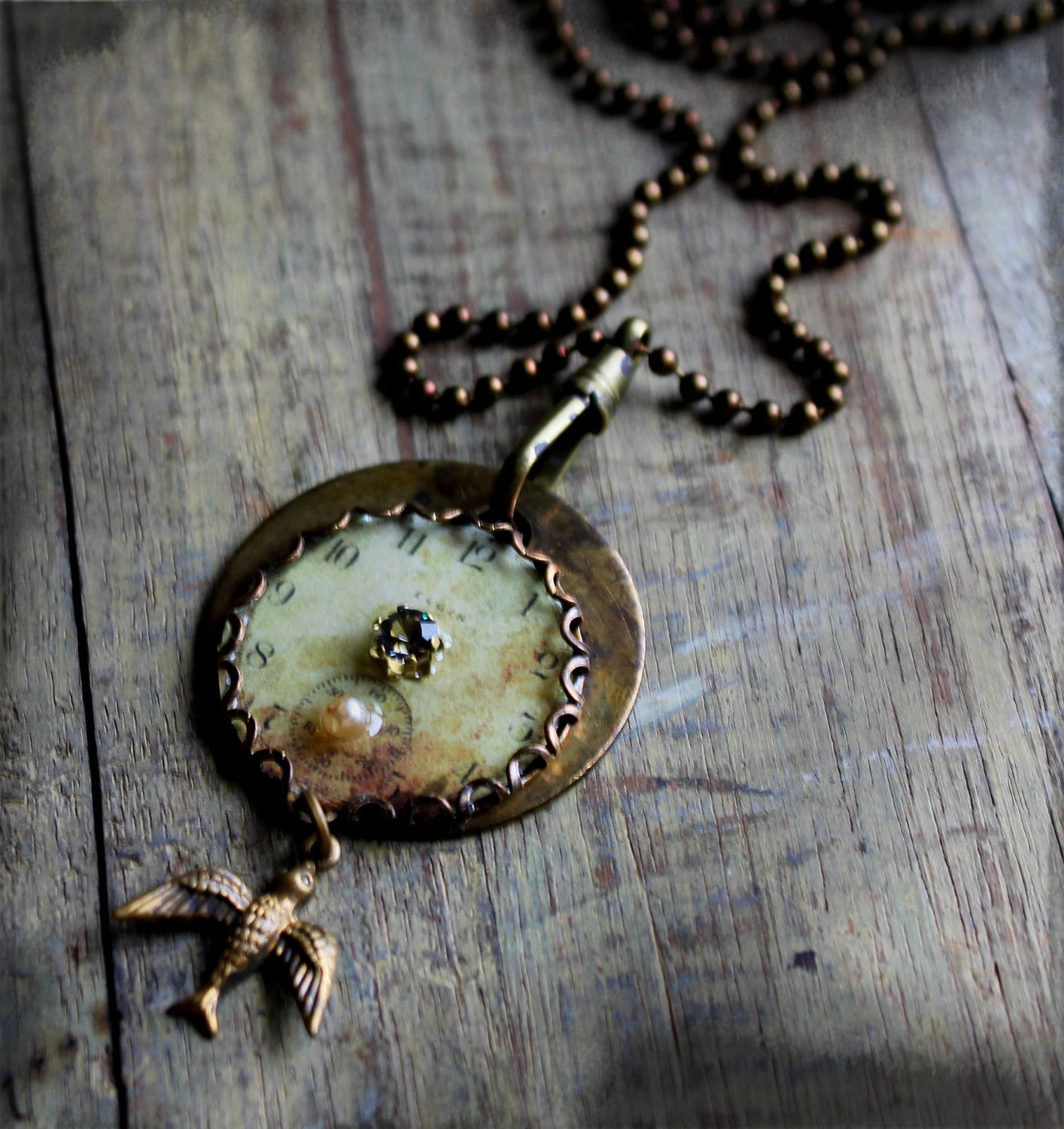 Watch Face Necklace with Swallow