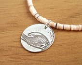 Surfer Girl Necklace wave recycled fine silver pendant and shell heishi beads adjustable unique ocean art