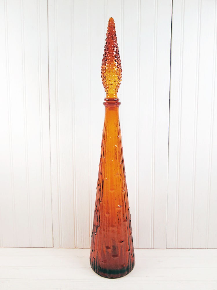 Vintage Genie Bottle Liquor Decanter Amber Hobnail Art Glass Mid Century Modern