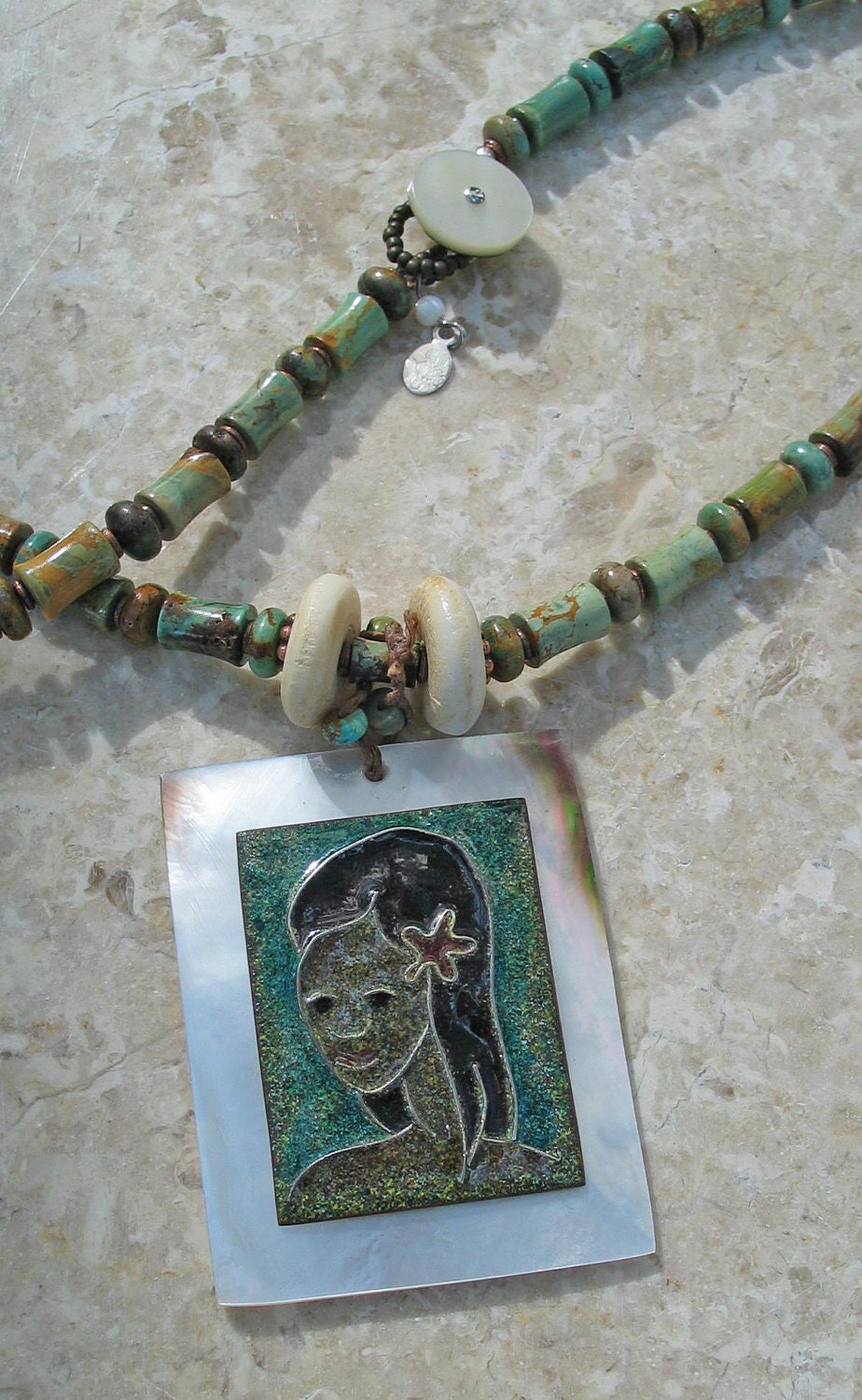Turquoise necklace with Vintage Enameled Island Girl Mother of Pearl pendant