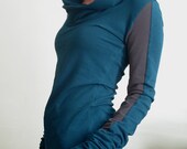 extra long sleeved hooded top Teal and Cement Grey color block