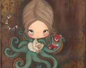 Octopus Art Painting Nautical Lost Carnival Prize Nursery Children Girl Under The Sea Original Wall Art ------11 x 14