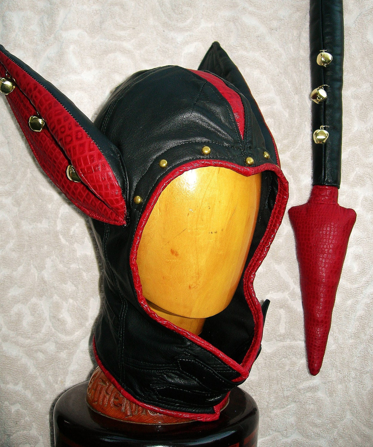 Leather Red/ Black Jester Hood with Big Ears and Matching Devil Tail