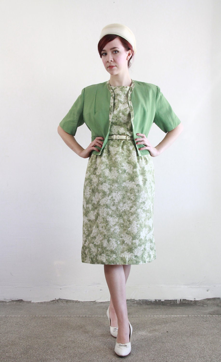 50s Two Piece . Dress and Jacket . Minty Green . Mid Century Mad Men