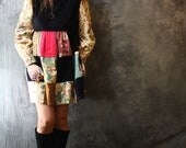 Vintage 1960s Hippie Peasant Velvet and Florals Patchwork Dress Peter Pan Collar