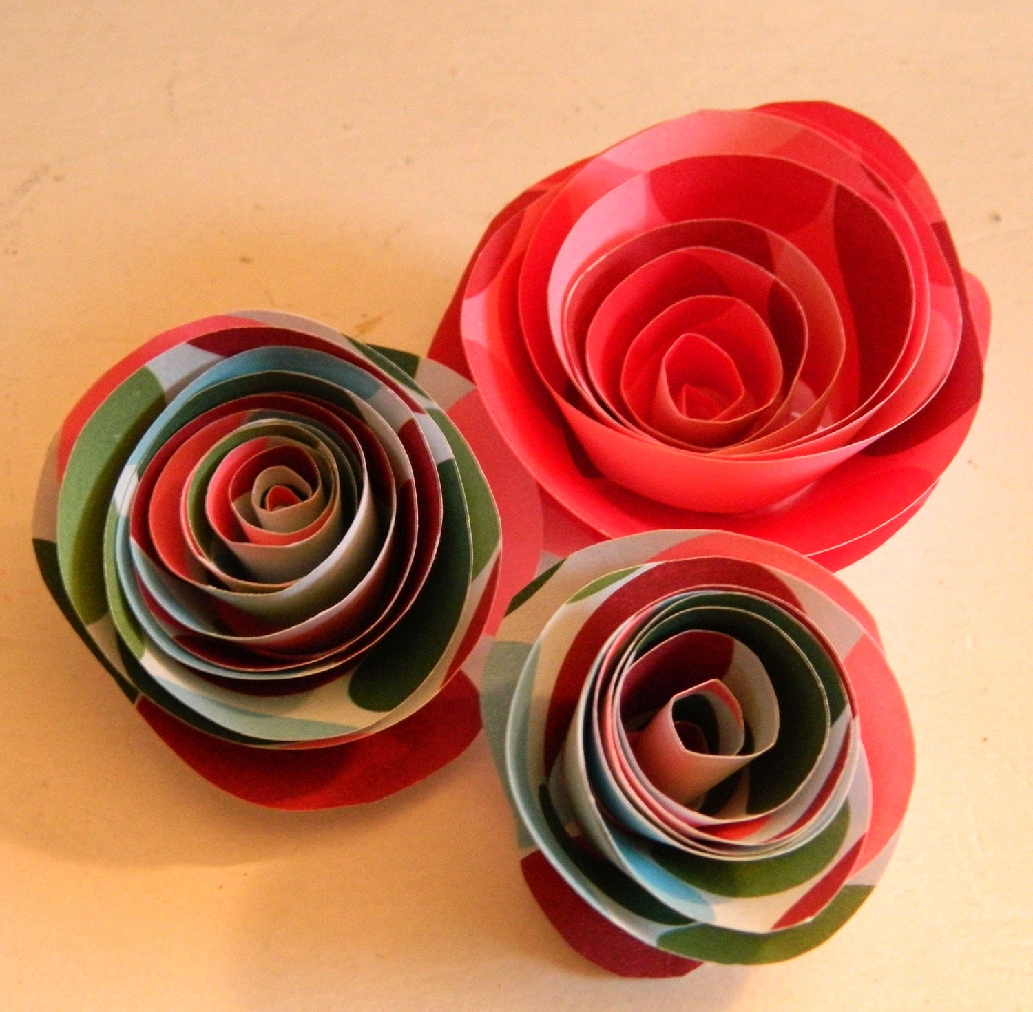 Set of 3 Rolled Paper Roses- pink, blue and green