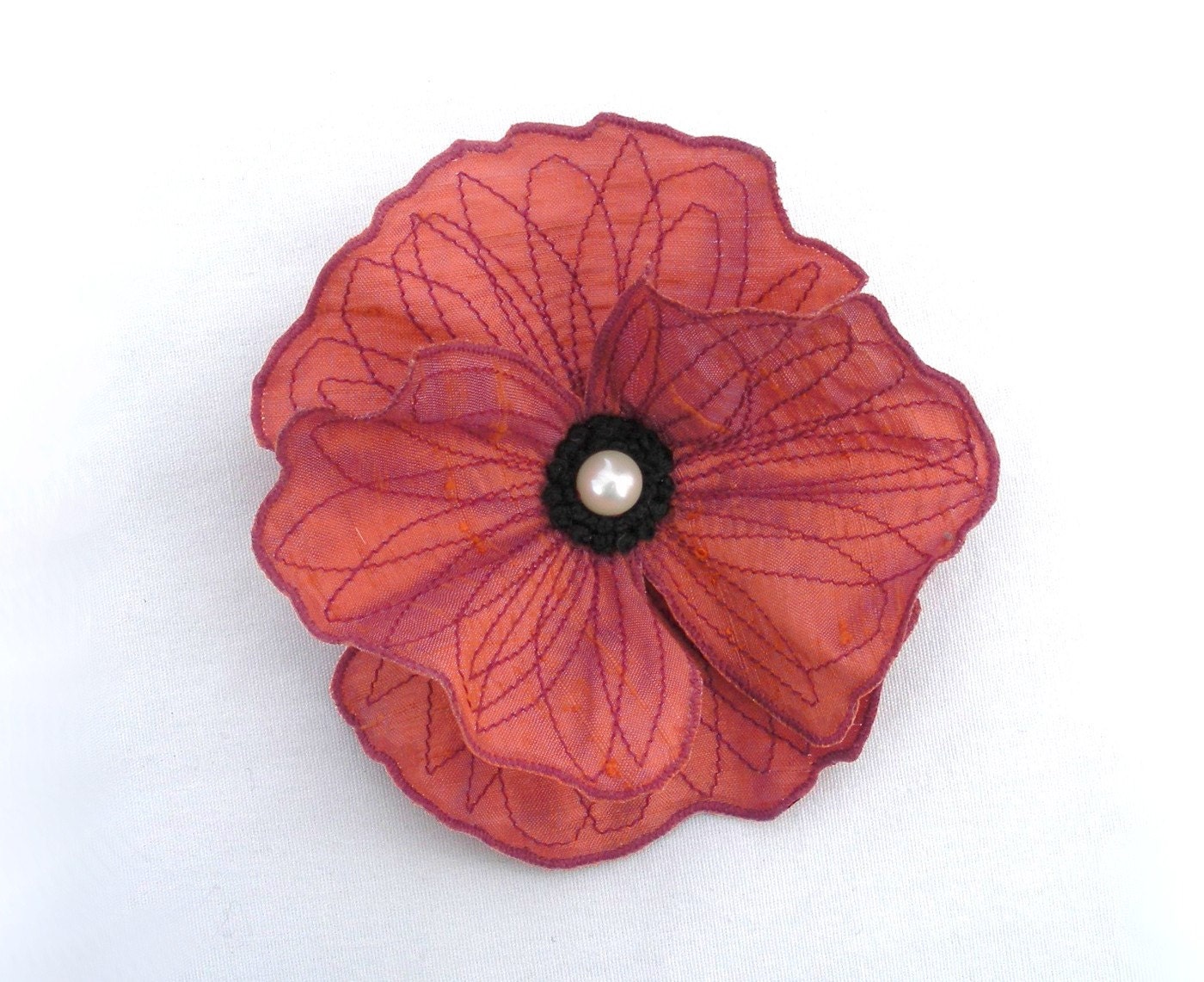 Coral Icelandic Poppy Clip- Your Choice of Hair Clip or Brooch- Embroidered Silk Flower Fascinator- Bright Coral with Burgundy Embroidery