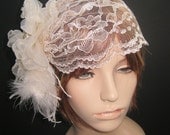 LACE Champagne Bridal Cap Veil with Handmade Fascinator