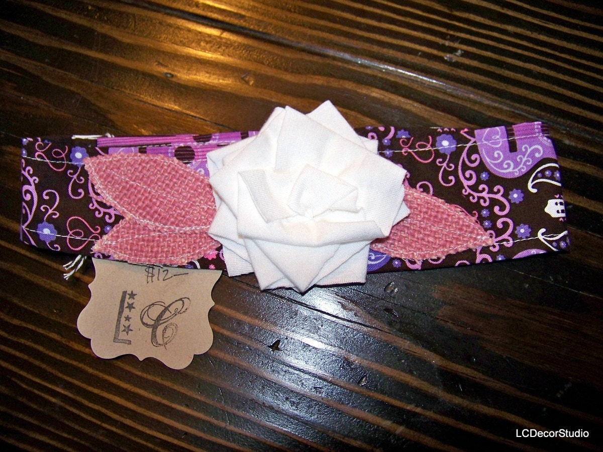 Lillie Wraps - Pink Purple and Brown Guitar Print Fabric Flower Velcro Headwrap Headband with a White Jersey Flower