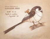 Clockwork Bird Long-tailed Tit - 8x10 inch Print - steampunk illustration