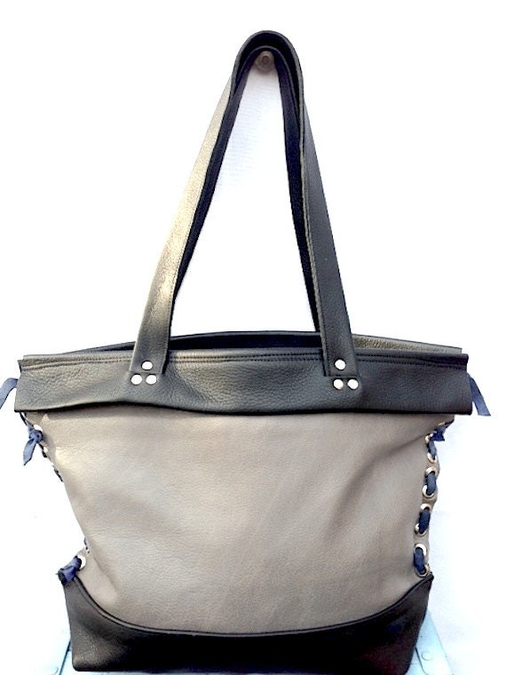 Gray, Black, Blue Leather Extra Large Tote, Shoulder Bag