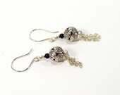 Tassel Earrings, Chain Earrings, Sterling Silver, Black Onyx Jewelry, Bali Bead Earrings, One of a Kind