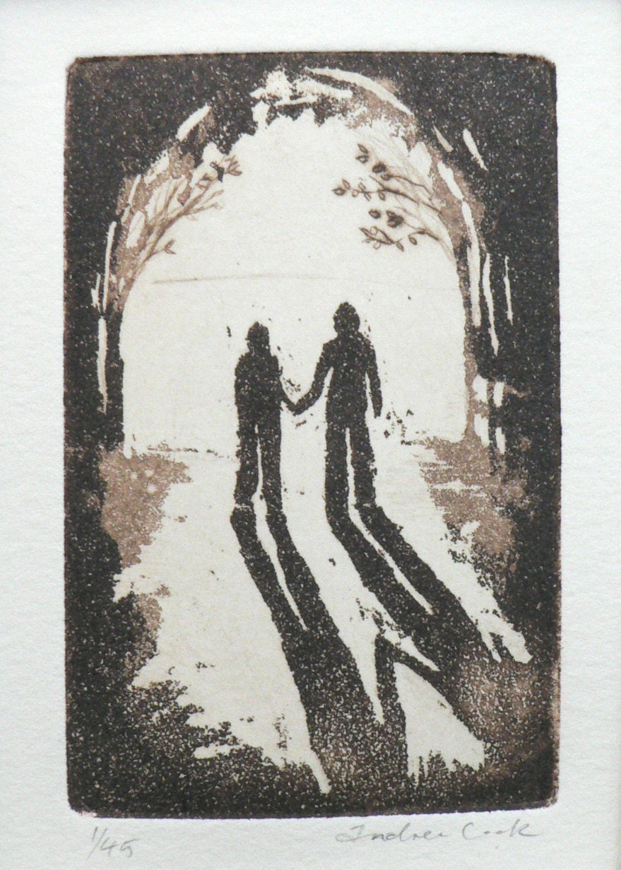 togetherness, never alone - original etching, dry point and aquatint. Walking hand in hand into the light.