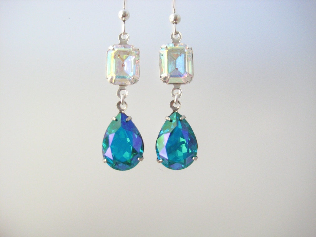 Your Anyday Earrings - Pearshape Swarovski Aqua Glacier Blue and Crystal AB Rhinestone Long Dangle Earrings