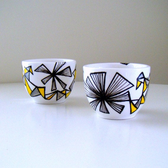 Ceramic Tea Cups Triangles Stripes Geometric Gray Yellow Black White Sake Cups Painted Modern - READY TO SHIP