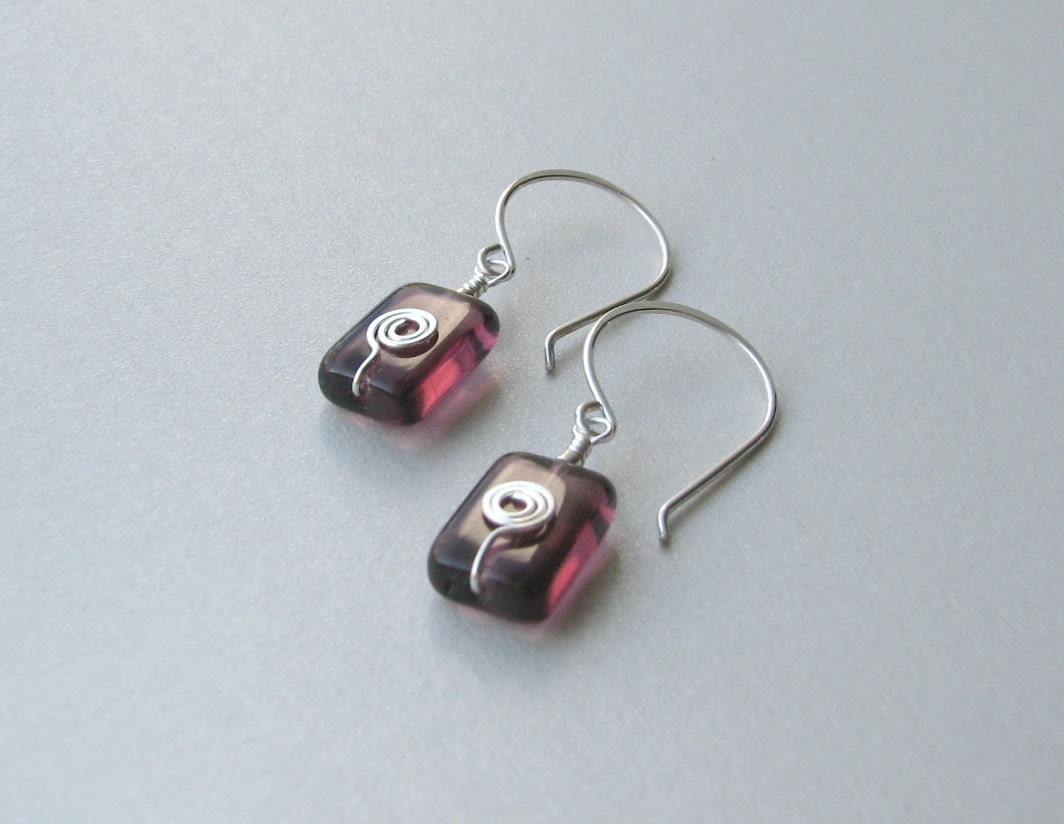 Plum Purple Silver Swirls Czech Glass Earrings