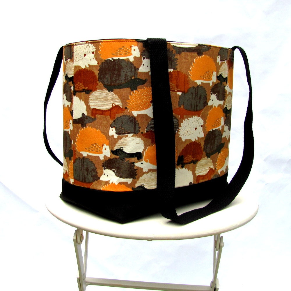 Hedgehog tote shoulder bag orange gray brown and black canvas by Patchtique