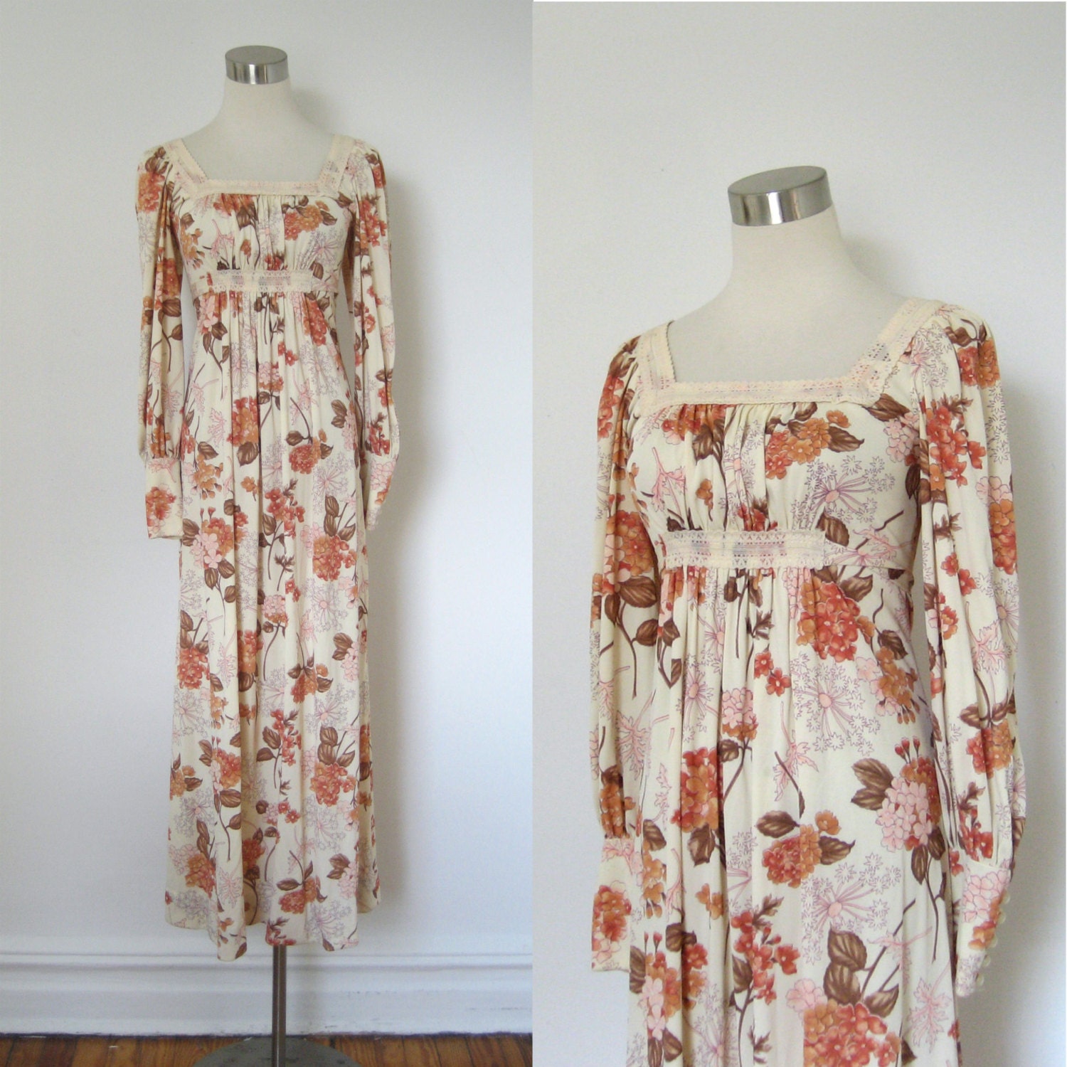 Vintage Maxi Dress / 1970s Floral Dress / Pink and Cream (XS S)