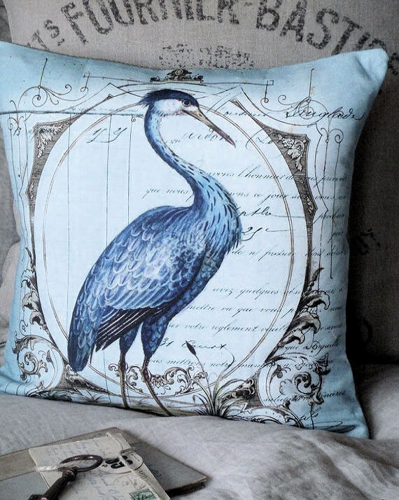 Cotton and Burlap Pillow Cover Burlap Pillow Blue Heron Egret