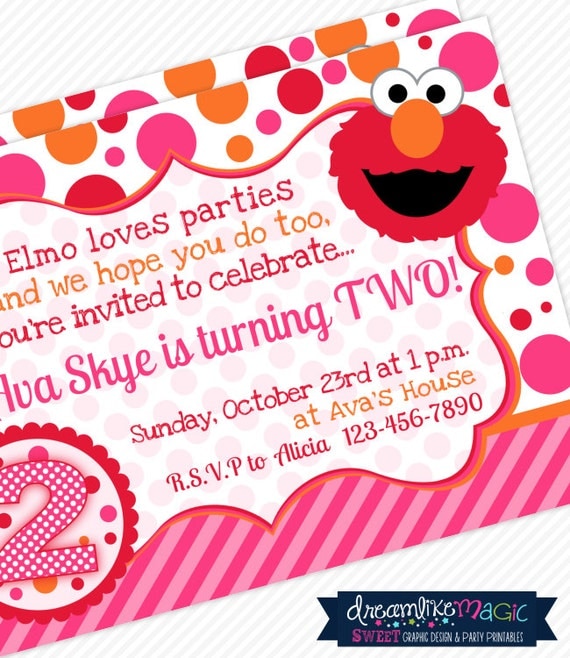 Printable Party Invitation-Girly Elmo Pink Orange and Red Design
