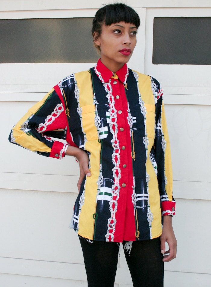 Vintage 1980's Escada Nautical Rope Print Oxford Blouse M