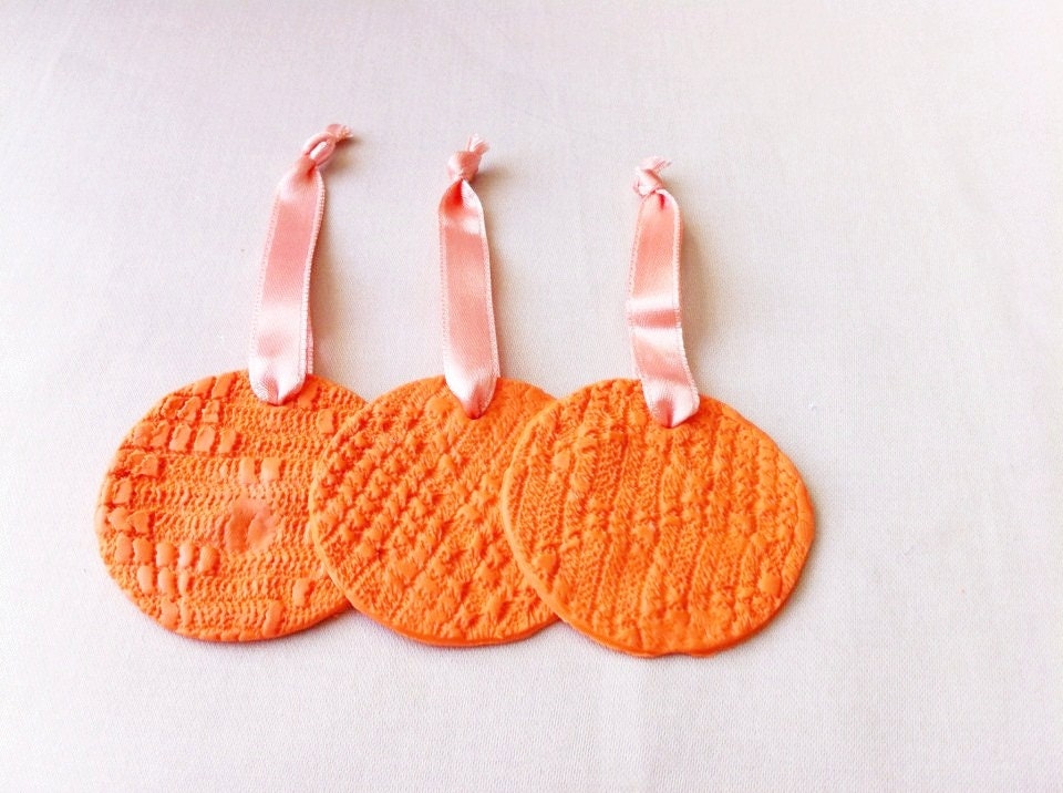 Set Of 3 - Orange Tangerine Pumpkin - Lace Textured Polymer Clay Christmas Tree Ornaments - Thanks Giving Fist For Unisex - Nursery Decor
