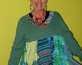 Upcycled cotton knit long sleeve sweater in cool colors fits large Xl