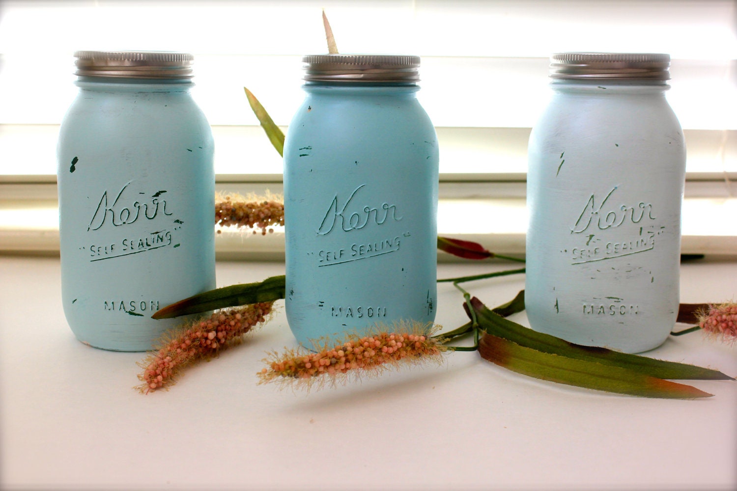 Wedding and Beach Home Decor : Distressed and Painted Shabby Chic Quart Mason Jars - Tiffany Ombre