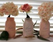 FALL Wedding and Thanksgiving Home Decor : Distressed and Painted Shabby Chic Quart Mason Jars - Coral