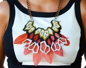 Leather Statement Necklace Geometric Hexagons and Feathers Chunky Statement Jewelry