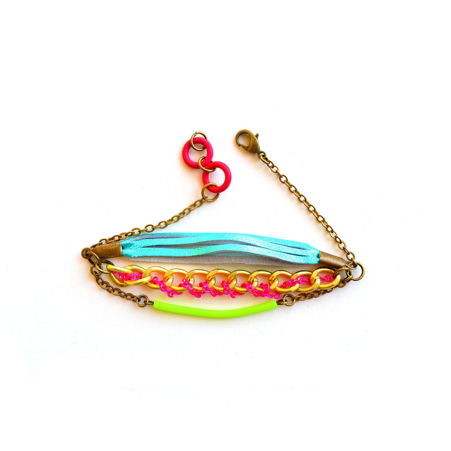 Neon Friendship Bracelet Turquoise Leather Fringe and Chain