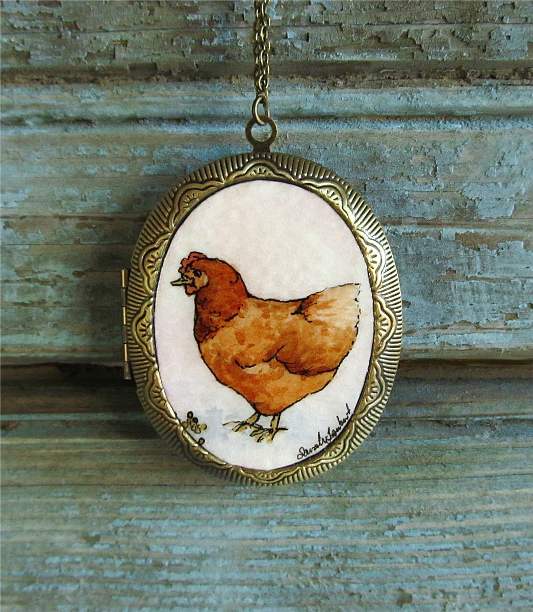 Little Red Hen locket necklace, wearable art jewelry, rustic chicken necklace LIMITED EDITION