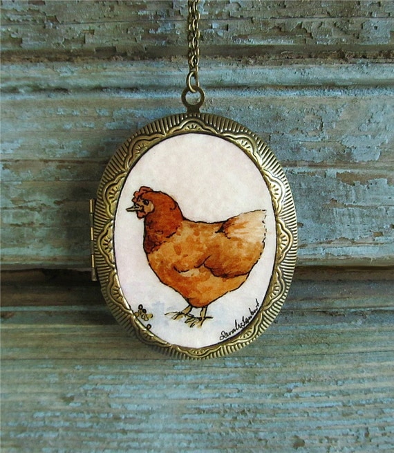 Little Red Hen locket necklace, wearable art jewelry, rustic chicken necklace LIMITED EDITION
