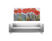 Red Poppies,  Floral landscape painting, oil on thick canvas 48x24"