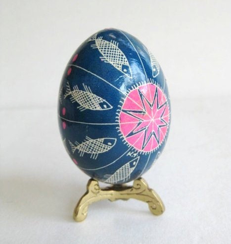 Blue fish, Cute Blue Pysanka, batik decorated egg, ukrainian Easter Egg pysanka