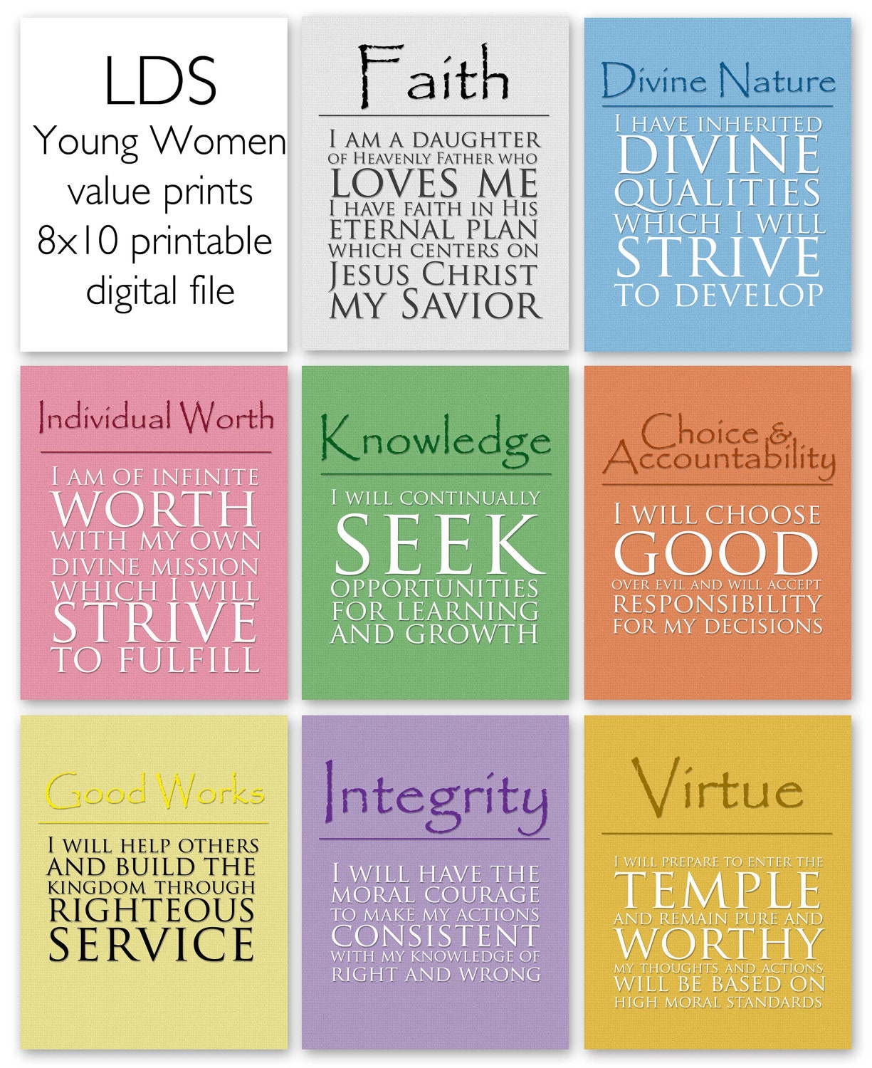 8x10 LDS Young Women Values - 8 print value pack  - Digital Prints