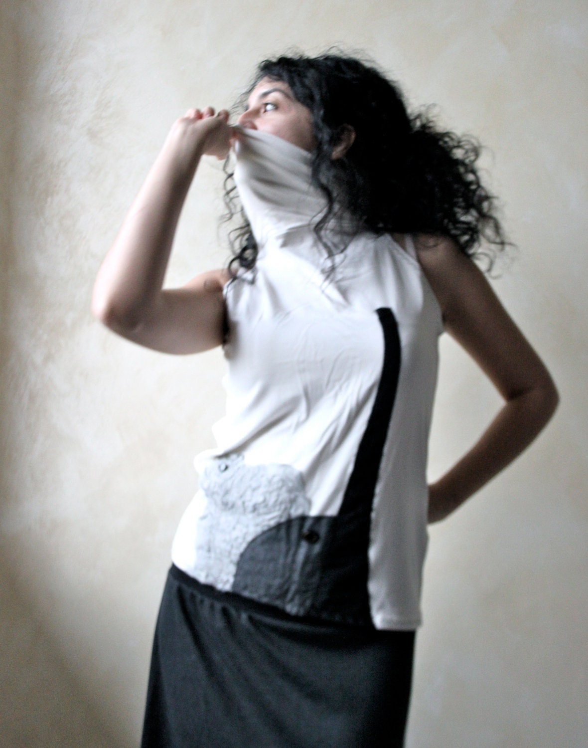 Women's Sleeveless turtleneck top with abstract patchwork applique - black and white winter top - OOAK