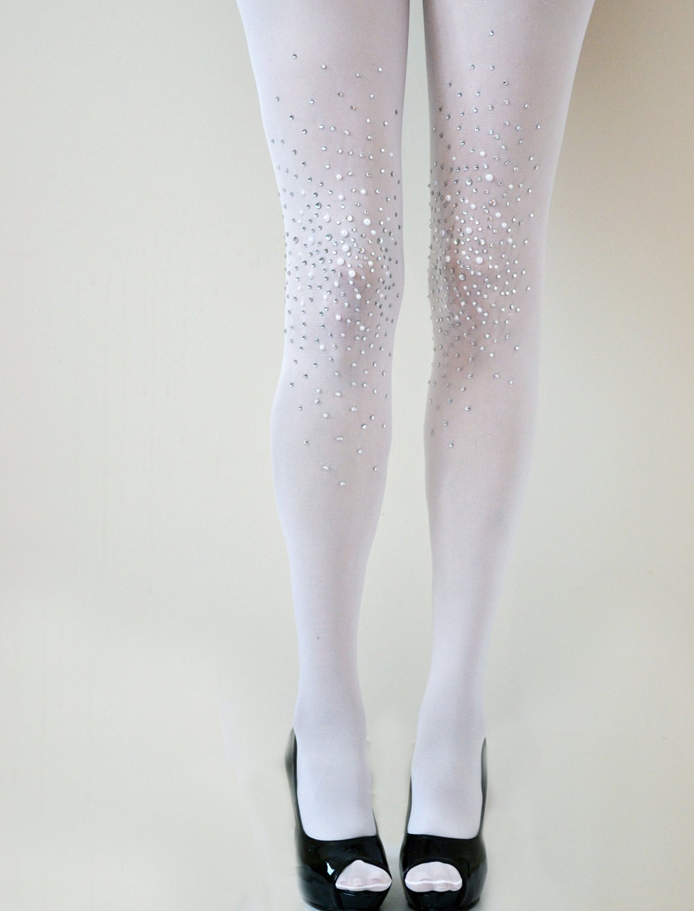 Frost White Bridal Opaque Studded Tights- Bridal Pantyhose- with Rhinestones and pearls