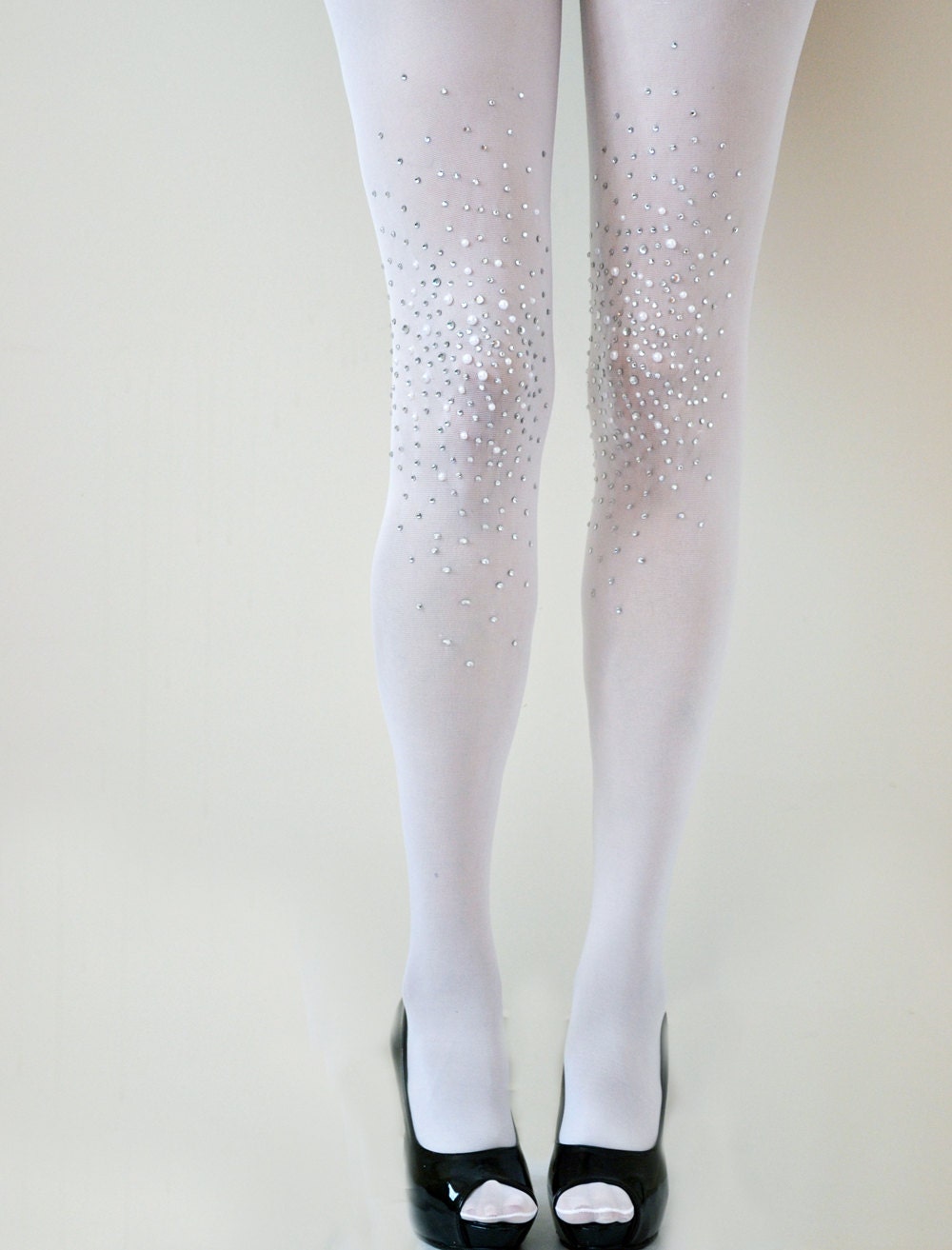 Frost White Bridal Opaque Studded Tights- Bridal Pantyhose- with Rhinestones and pearls - Lalilouche