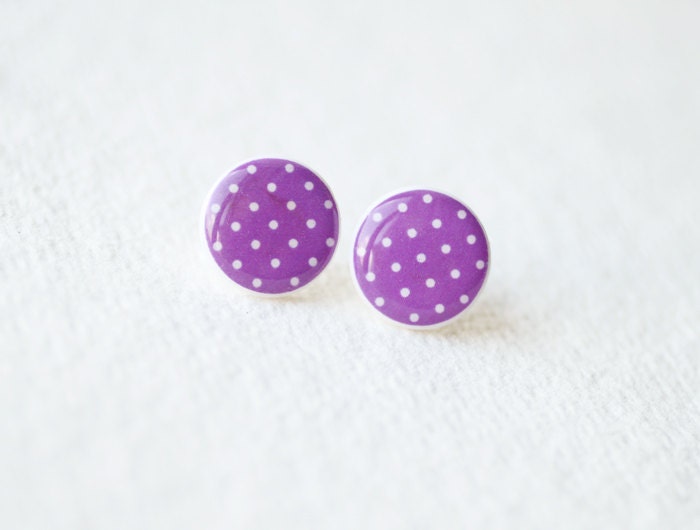 Purple and White Polka Dot Stud Earrings