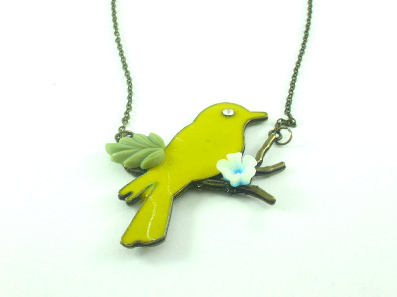Antic brass yellow bird pendant (necklace, jewelry), vintage style, resin cabochon, women