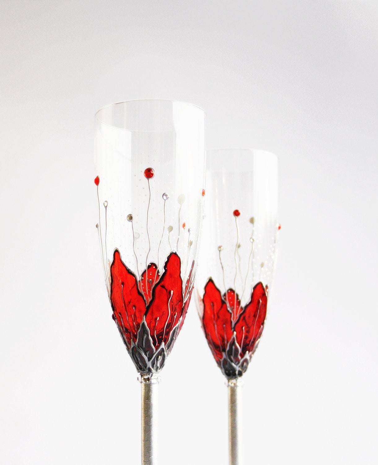 MADE to ORDER Hand Painted Flutes Toasting Champagne Wedding Anniversary Red Flowers Silver Plated Swarovski Crystals Set of 2