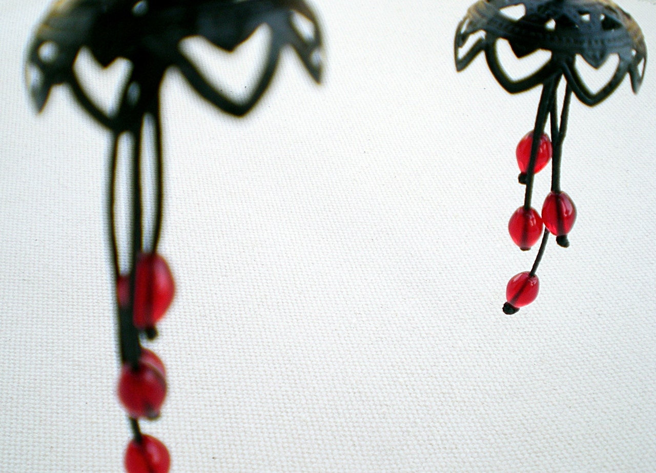 Black and red dangle earrings- jellyfish-  filigree and glass- under 25 - zdrop