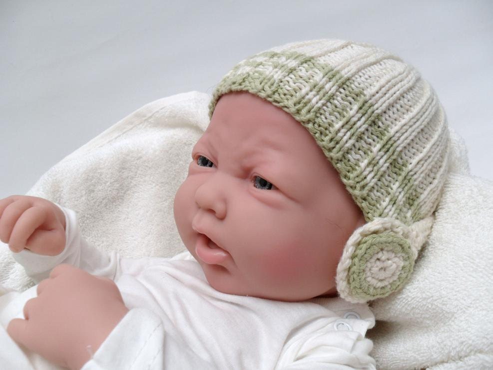 Baby DJ hat of organic cotton - with pretend headphones - 0 to 3M - photo prop - cream olive