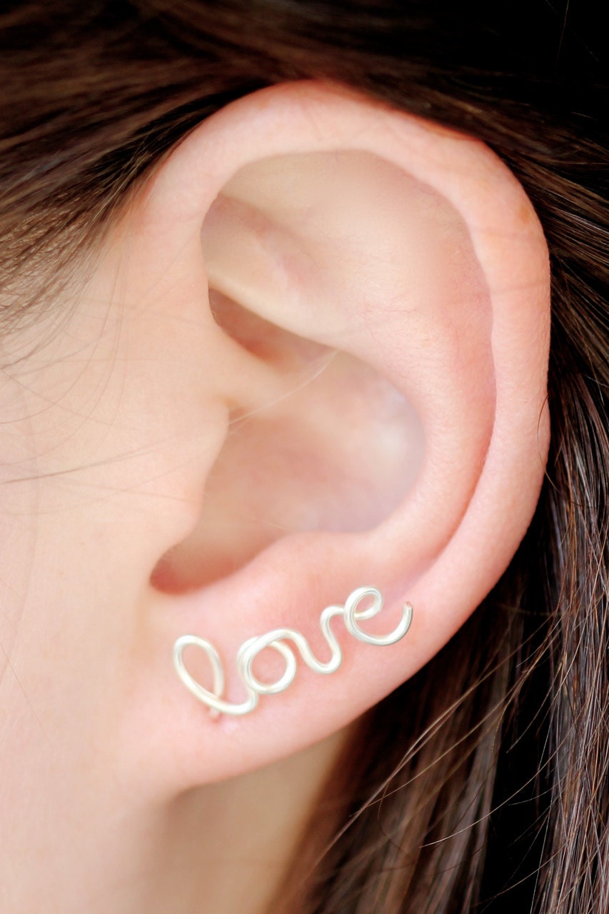 Love Earring, Sterling Silver Plated SINGLE Love Stud Earring, Cartilage, Word, Handwritten, Cursive, Affirmation, Ear Cuff, Artisan Tree