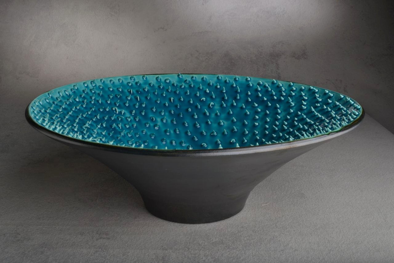 Spiky Bowl Ready To Ship Blue Venus Dangerously Spiky Wheel Thrown 13.5" Bowl by Symmetrical Pottery