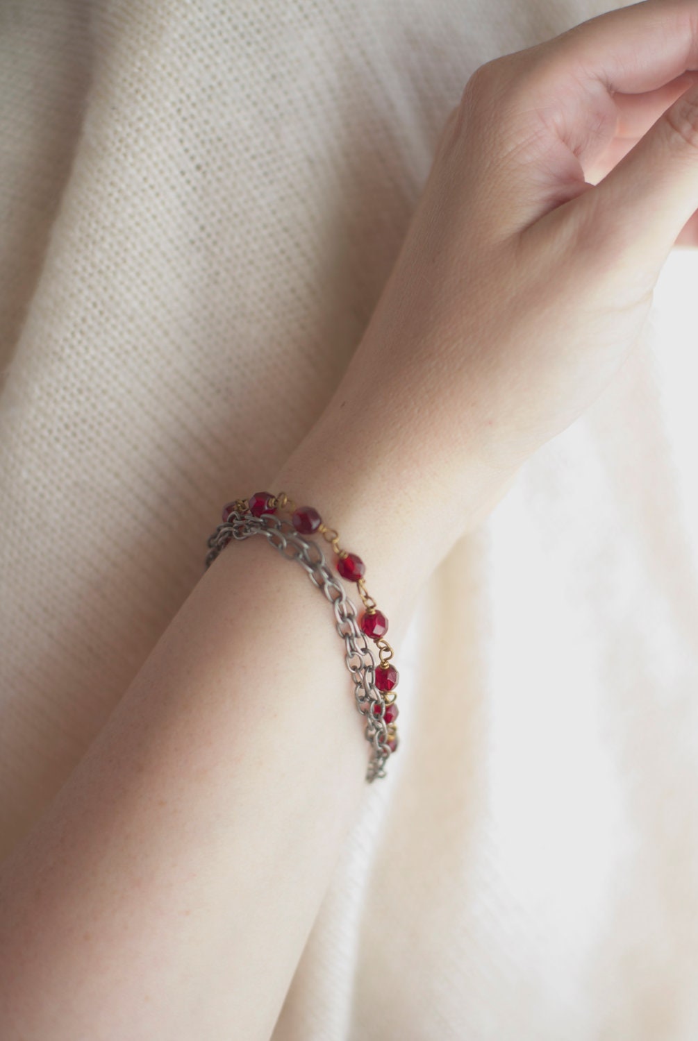Red Crystal Bracelet Silver Tone Chain Under 15 Romantic Bohemian Jewelry