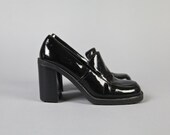 vintage shoes, 1990's ESPRIT shiny black club kid  high heeled loafers, size 6, 36